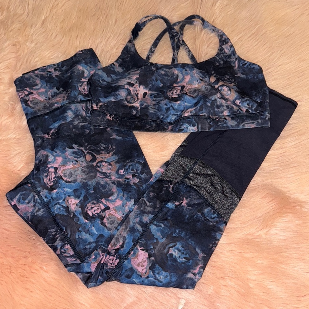 Lululemon Set Moody Mirage Bark Berry Deep Navy Sports Bra and Leggings size 10